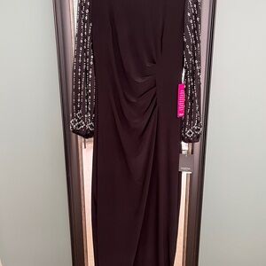 Elegant Black Evening Dress with Beaded Sleeves